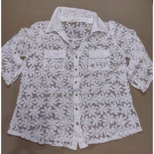 Ember Sheer Daisy Floral White Button Down Top SZ M